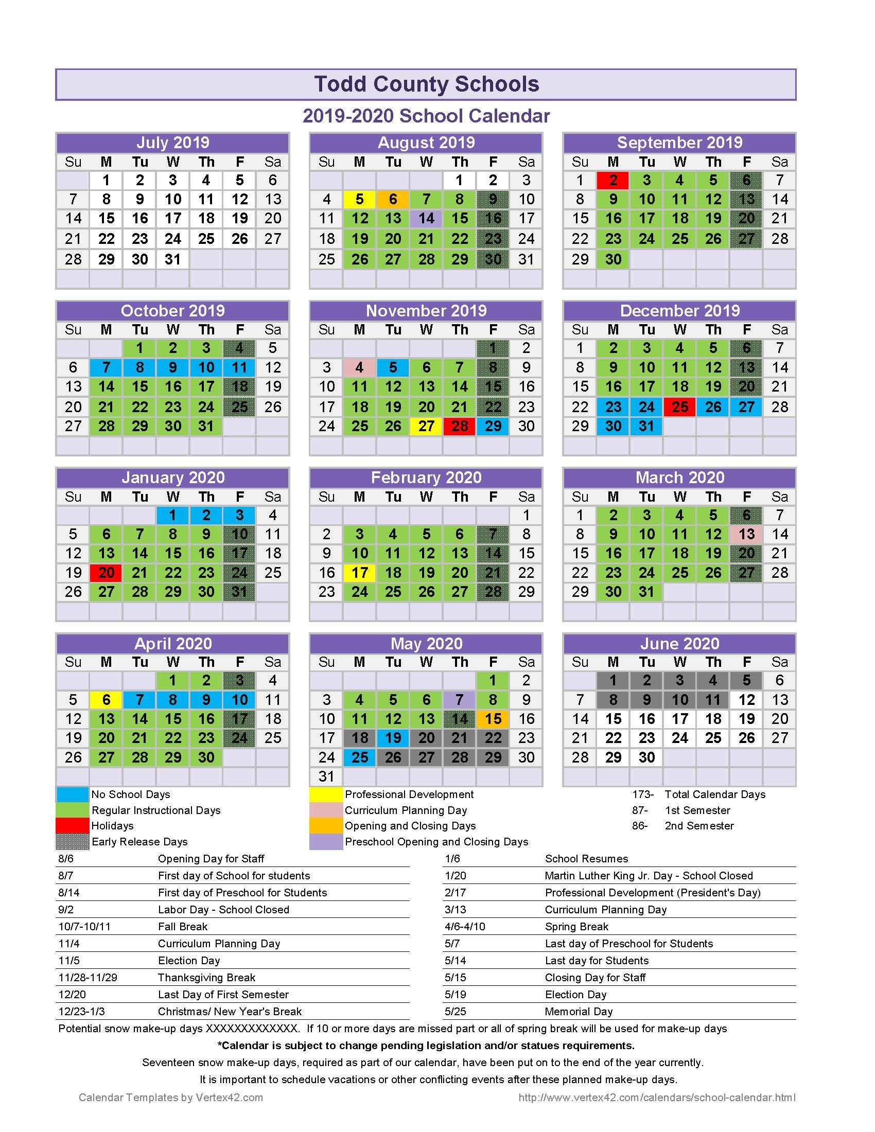 2019-20 Todd County School District School Calendar | Todd County