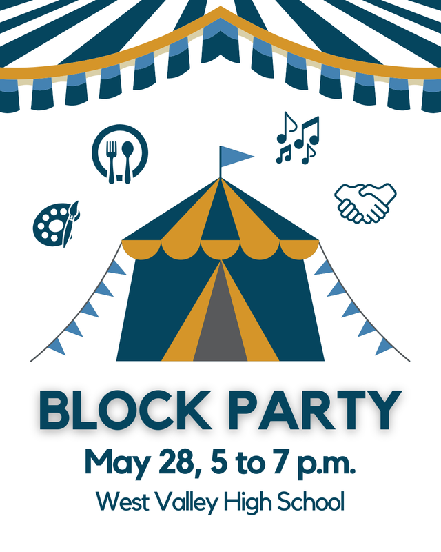 Carnival tent with icons representing food, music, artwork and community with wording Block Party, May 28