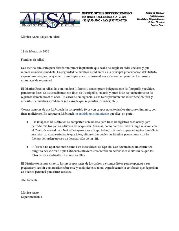 This image is of the scanned letter that describes the Lifetouch situation explained in the text in Spanish