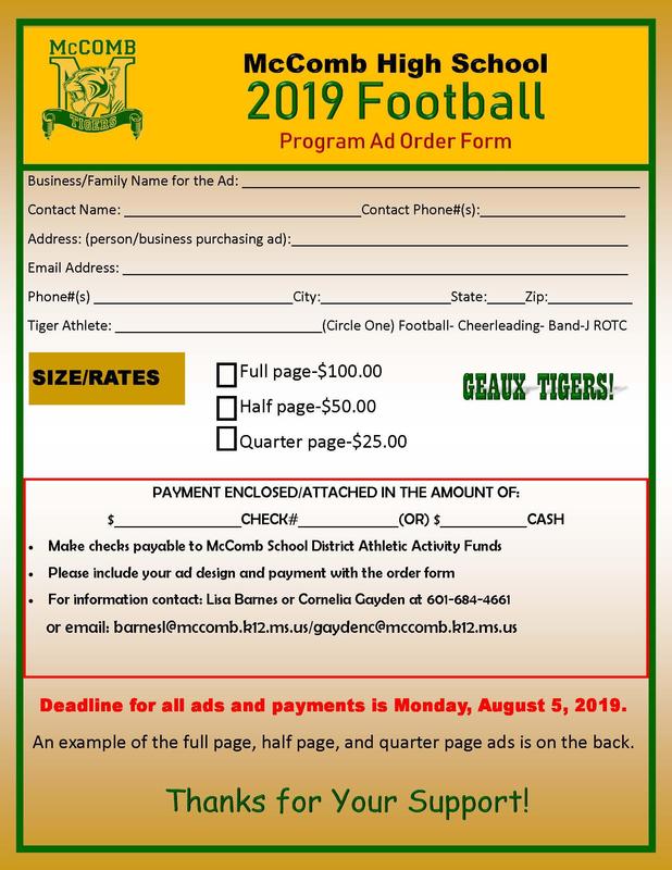 McComb High School Football Program Ad Order Form