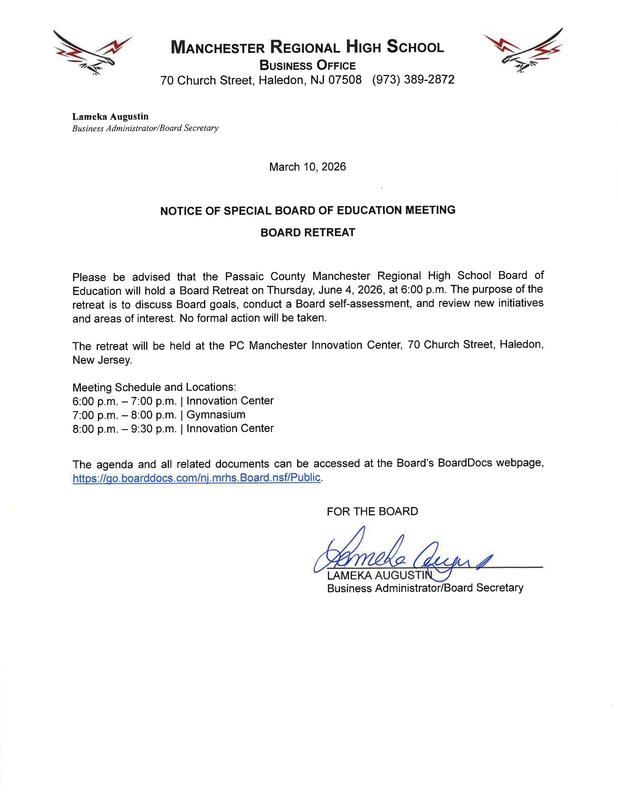 Legal Notice - NOTICE OF SPECIAL BOARD OF EDUCATION MEETING BOARD RETREAT
