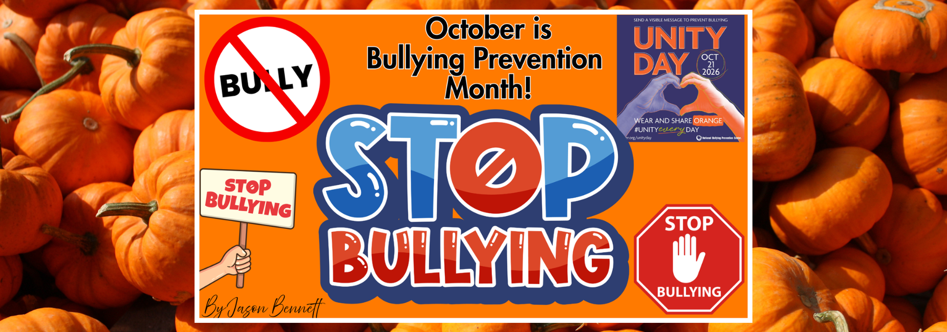 Bright campaign poster promoting Bullying Prevention Month with pumpkins in the background.