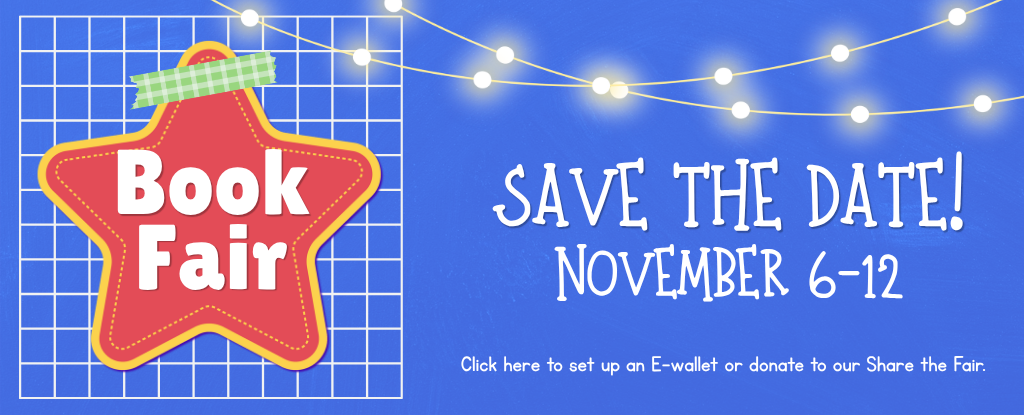 Bright blue background with text about a book fair and date details.