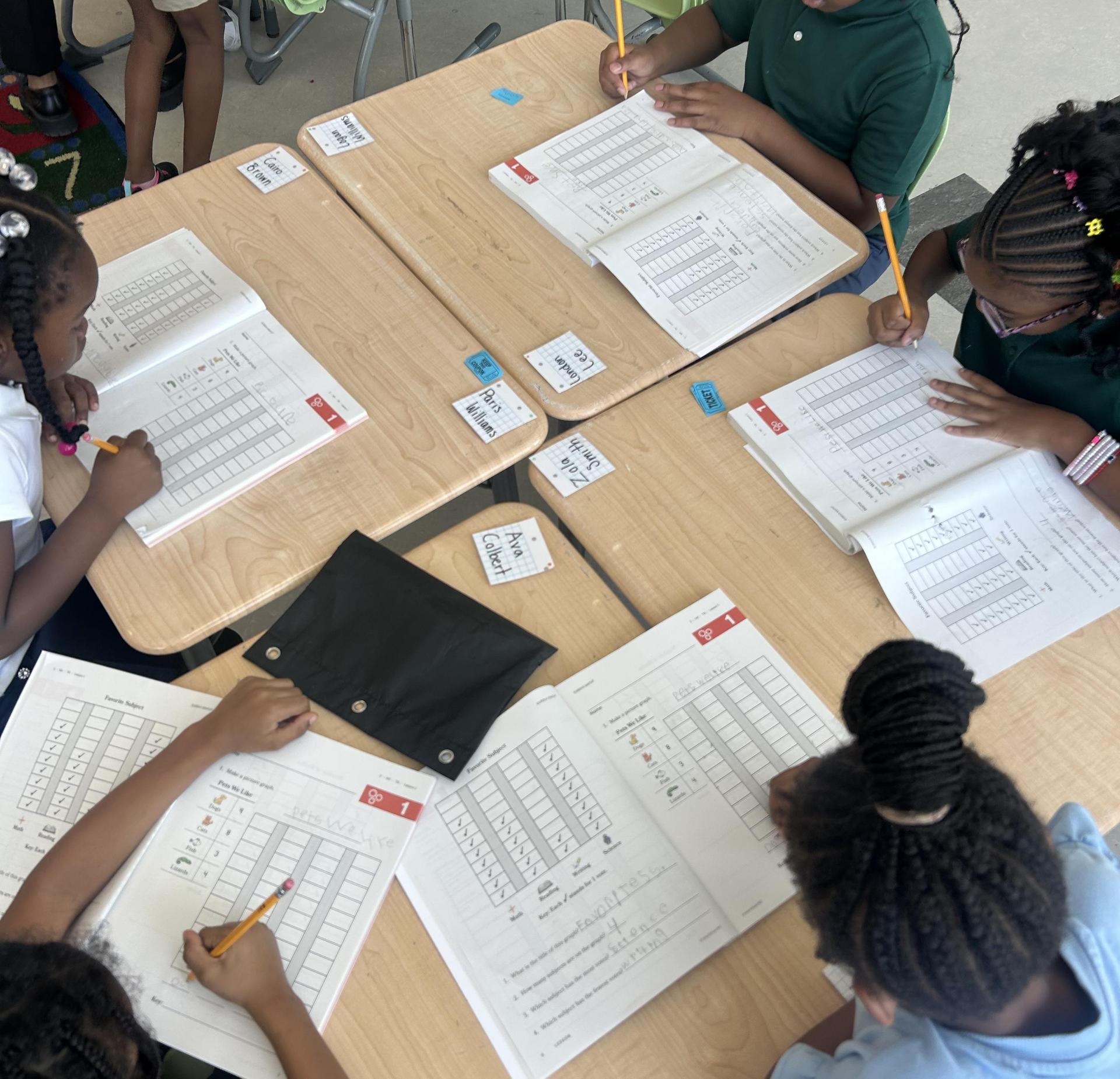 Students working on exercises at classroom tables with worksheets.