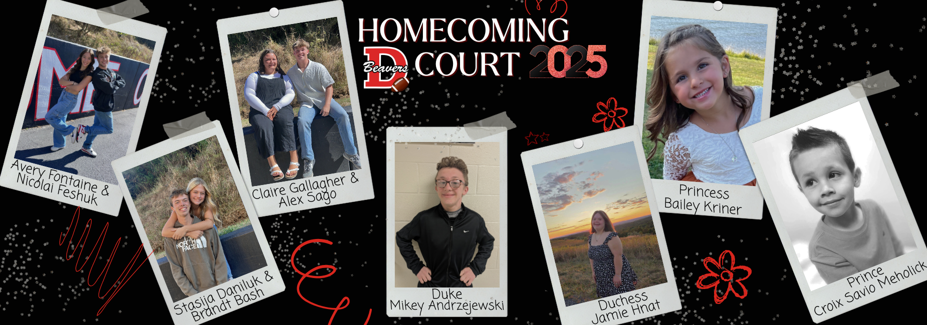 Homecoming court collage with couples and names of nominees.