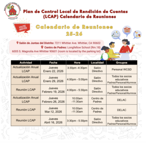 LCAP meeting Schedule for 2025-2026 (Spanish)