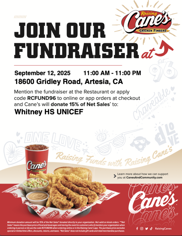 WHS UNICEF fundraiser at Raising Cane's on 9/12/25 from 11am - 11pm