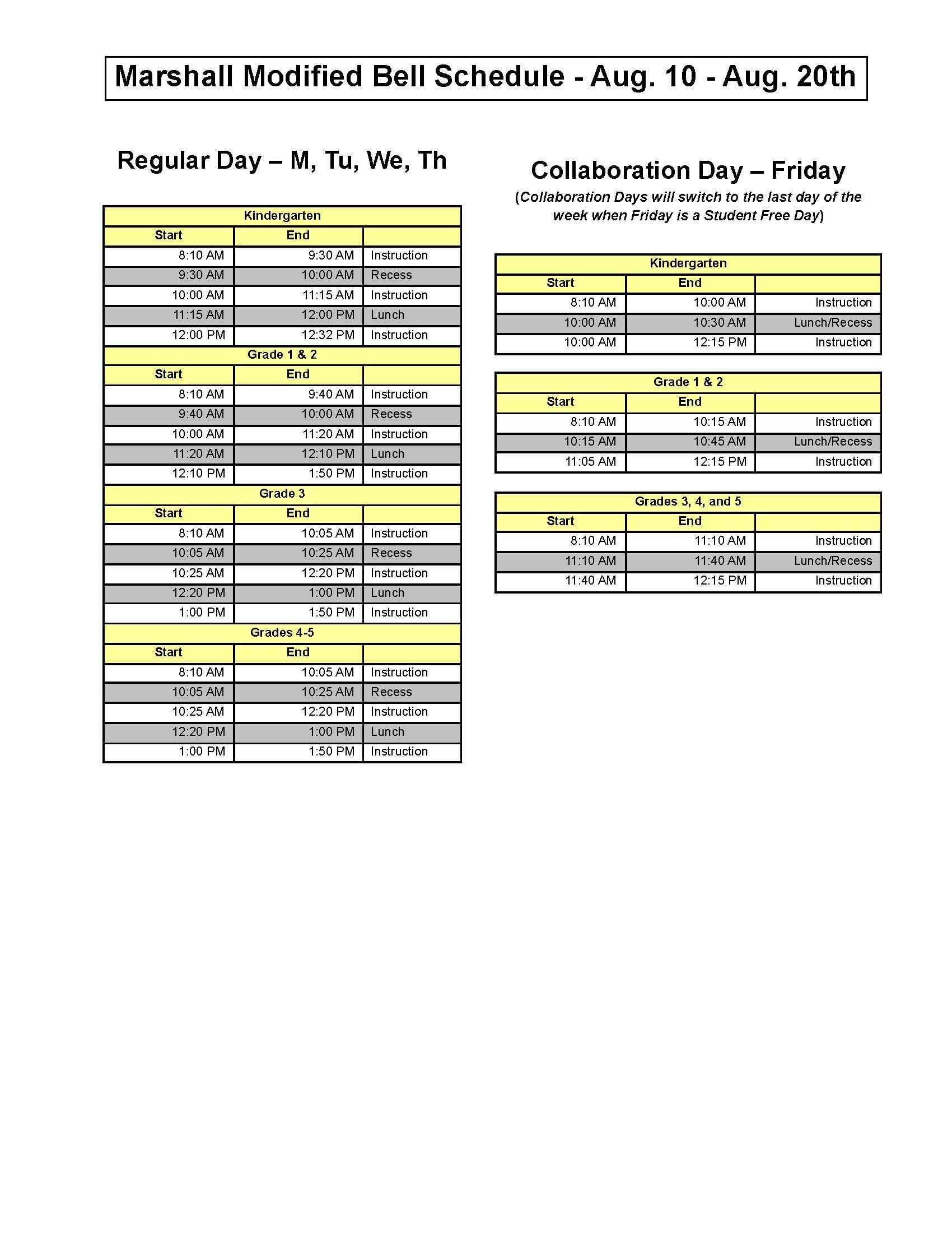 Bell Schedule Our School Marshall Elementary School
