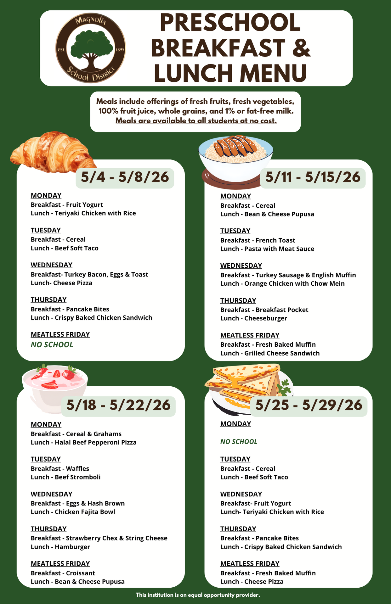 Preschool Breakfast and Lunch Menu - May 2026 REVISED
