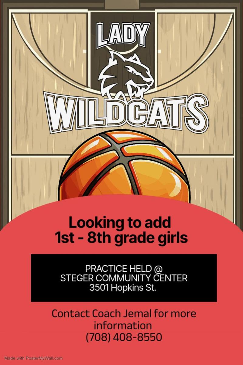 Girls Basketball for 1st to 8th graders. Steger Community Center. Coach Jemal Elmore. 708 408 8550