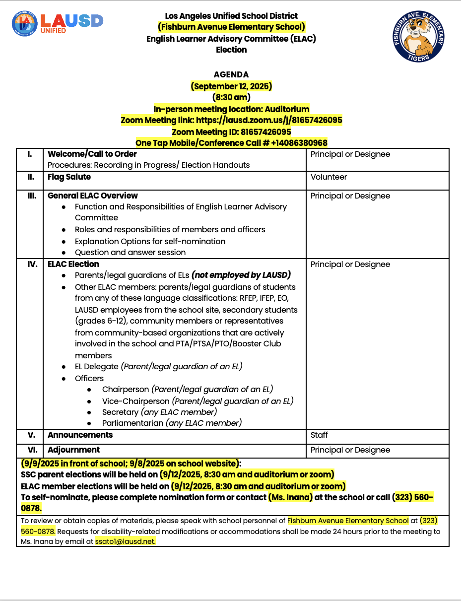 2025-2026 ELAC election agenda English