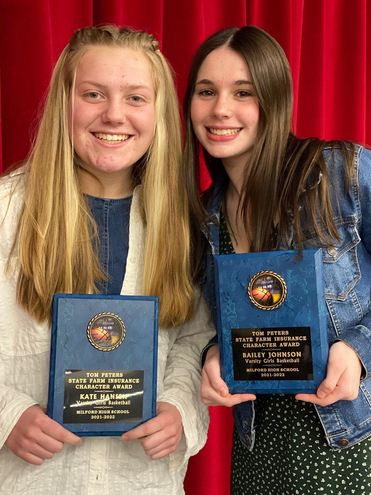 Varsity Team's recipients of the Tom Peters State Farm Insurance Character Award - Kate Hansen and Bailey  Johnson.