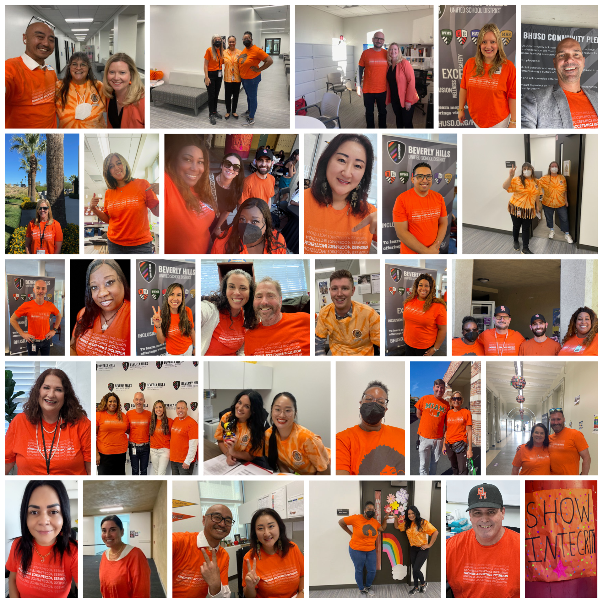 Collage of BHUSD employees wearing orange for Unity Day 