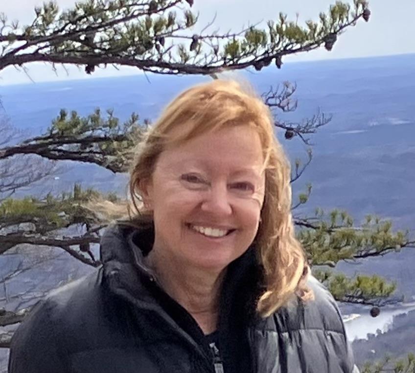 Woman on mountain top with tree in background.
