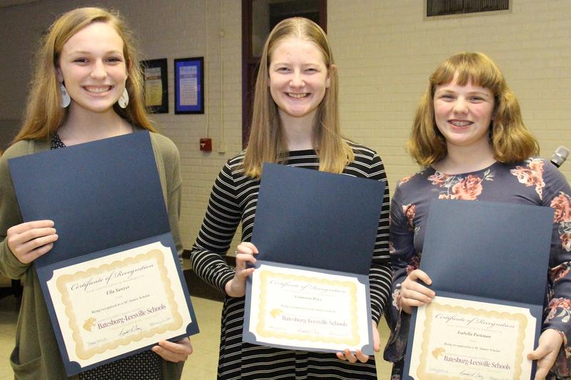 Pictured from left to right are Ella Sawyer, Cameron Price, and Isabella Parkman. These eighth grade students from B-L Middle School were recently named SC Junior Scholars.