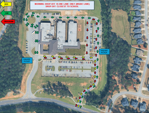 map detailing the drop off and pick up areas of the parking lot