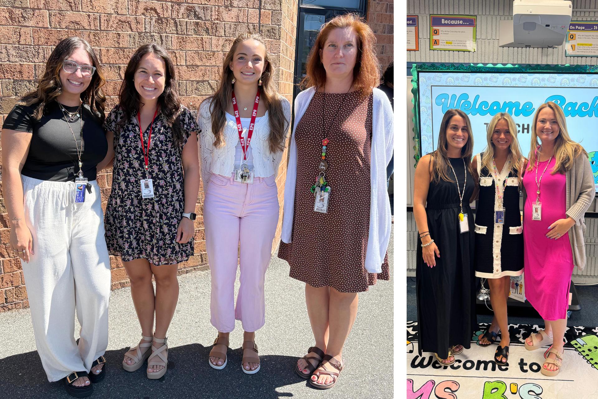 Back to school photo, teachers and staff outside buildings