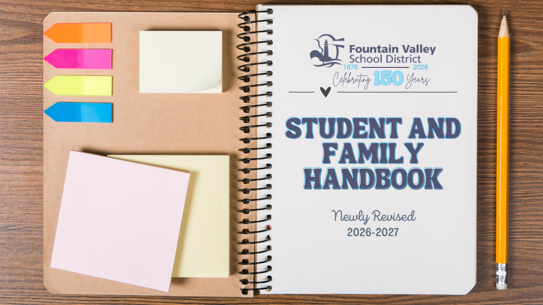 Spiral notebook with colorful bookmarks and sticky notes, titled 'Student and Family Handbook'.