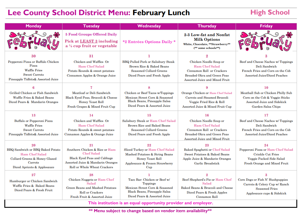 Menus Child Nutrition and Food Service Lee County School District