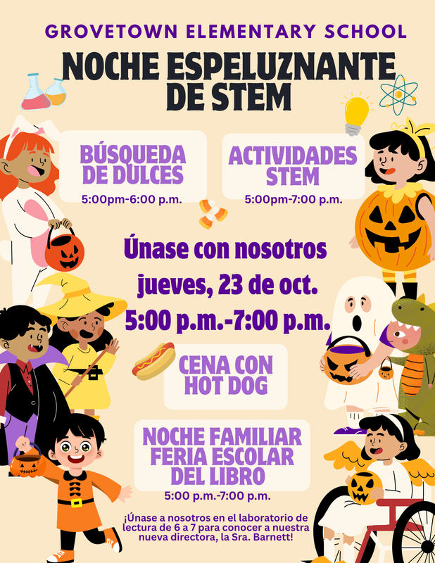 Spooky STEM night flyer written in Spanish with details for times on October 23.