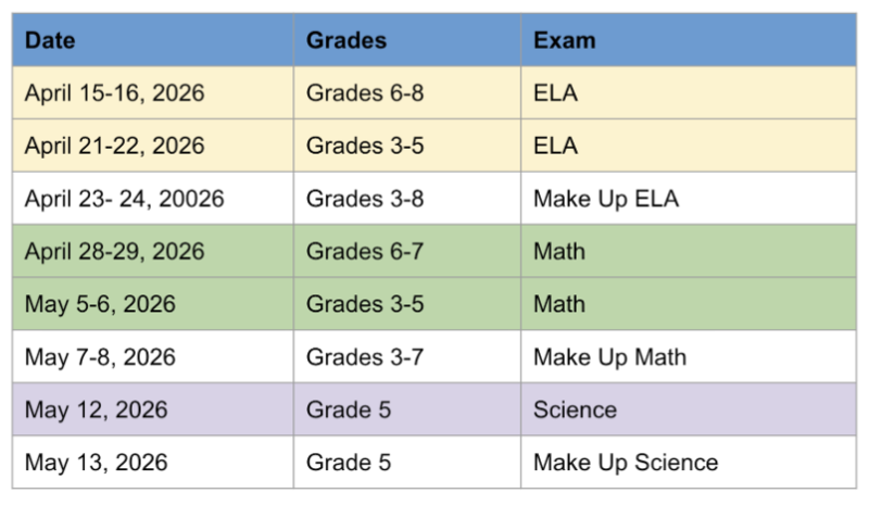2026 NY State testing schedule.
