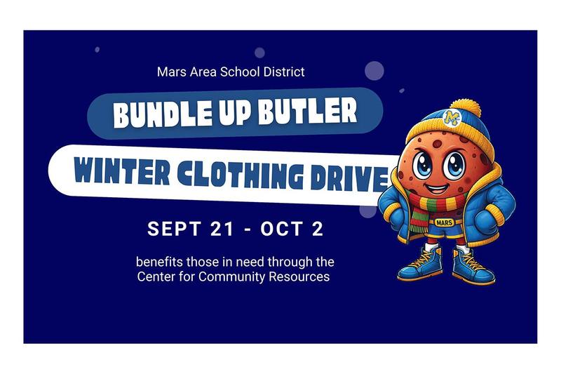 Cartoon character promotes a winter clothing drive with event details.
