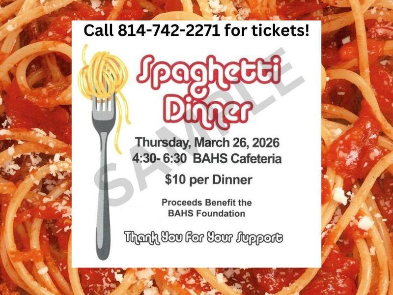 Spaghetti dinner flyer with date, time, and ticket information.