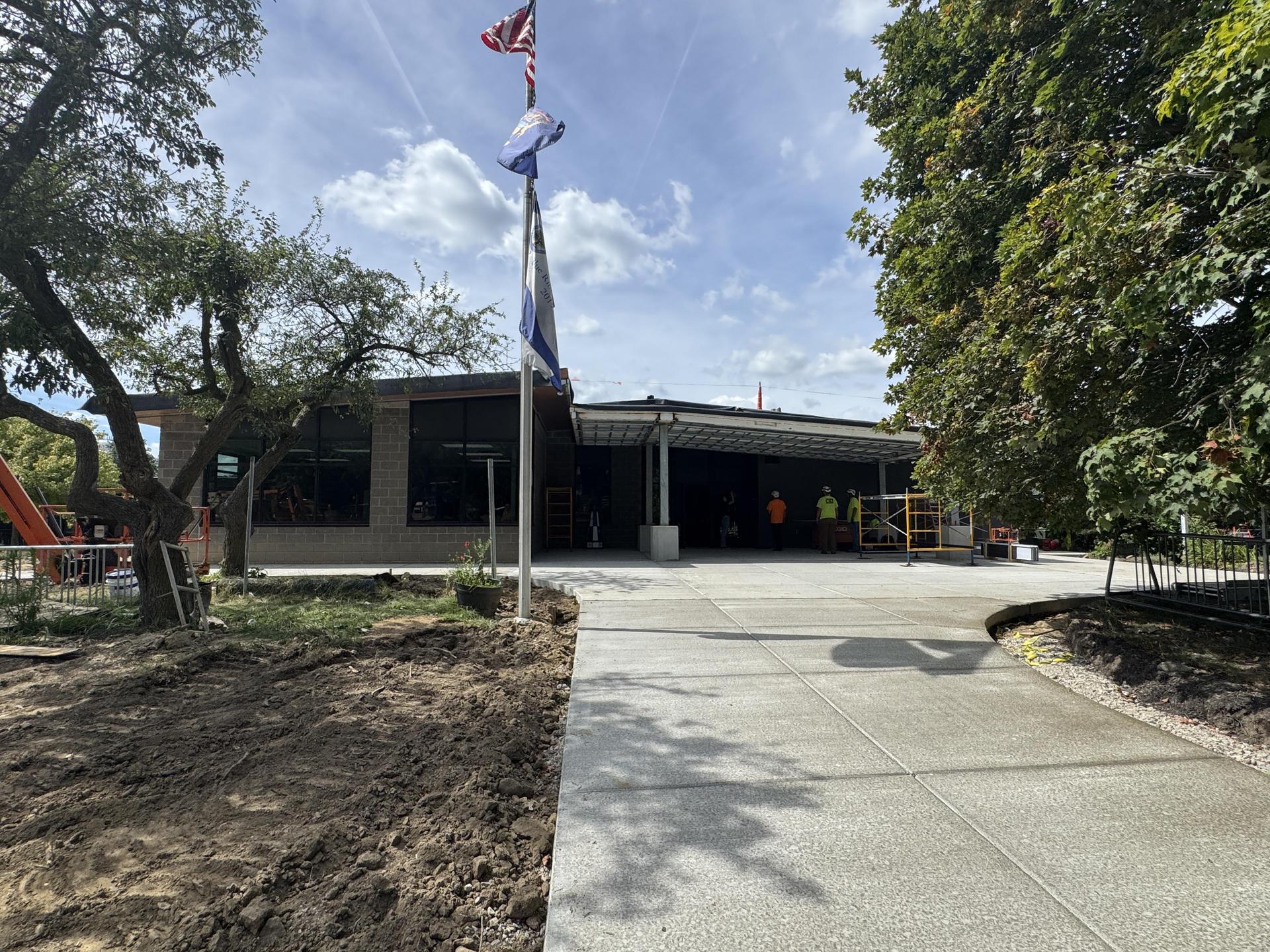 Front of Amerman Elementary showcasing a new office addition and canopy.