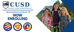 Now enrolling graphic with picture of three students on the first day of school.