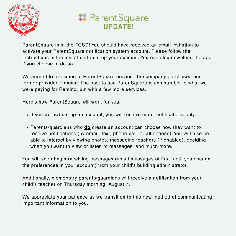 Image of an announcement that ParentSquare, the new rapid notification system in FCSD is active.