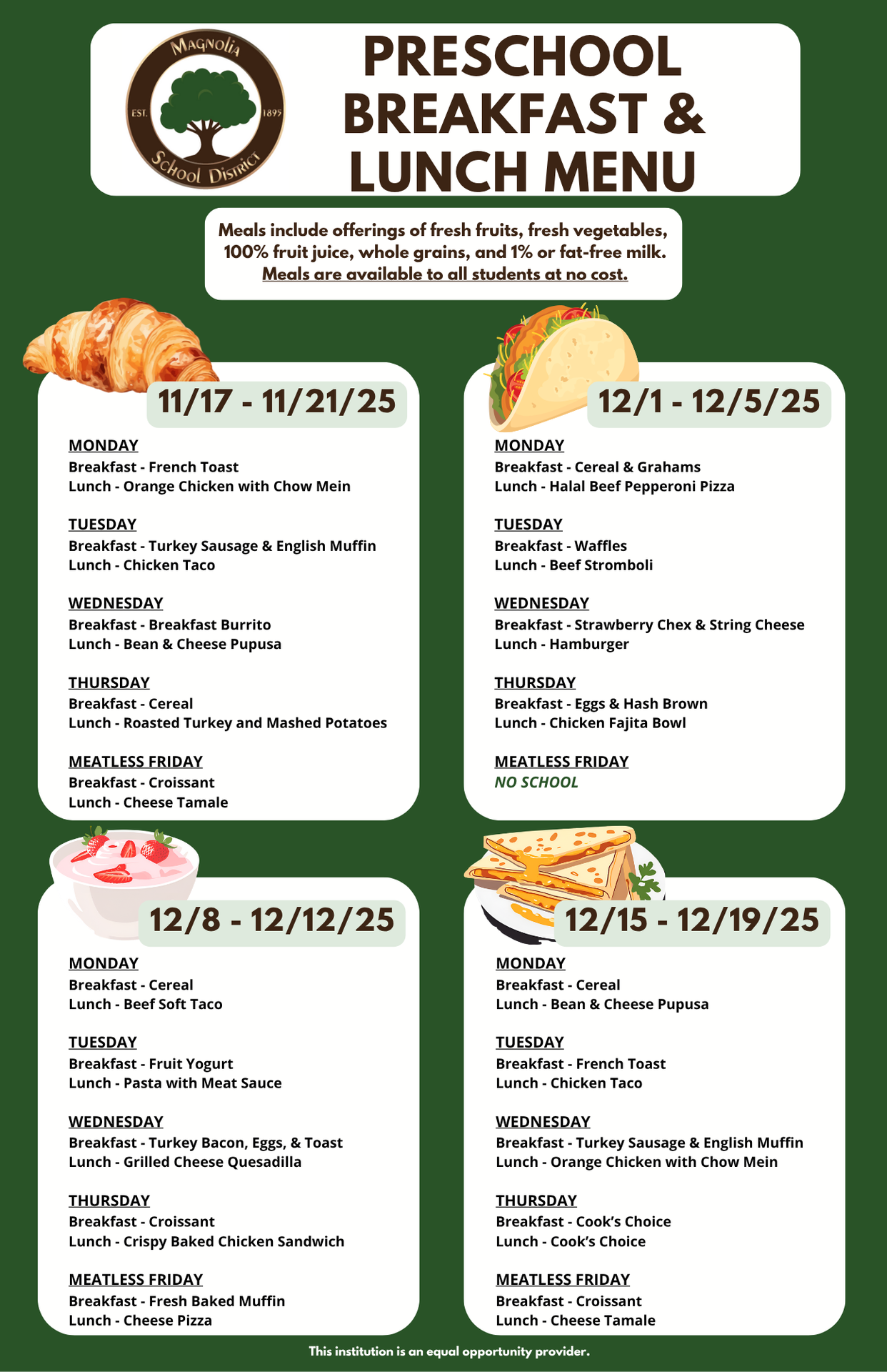 Preschool Breakfast and Lunch Menu NOV-DEC 2025