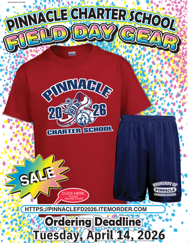 Pinnacle Charter School Field Day 2026 gear — red custom t-shirt and navy shorts. Order deadline: Tuesday, April 14, 2026.