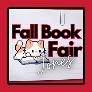 title reads "Fall Book Fair Jones" on a white background with red board and a cat reading a book