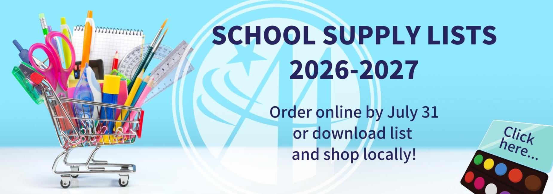Colorful school supplies in a shopping cart with a call to action for orders.
