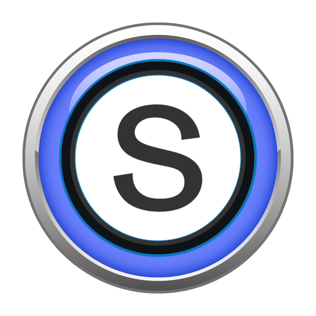 Blue and white button with a black S.