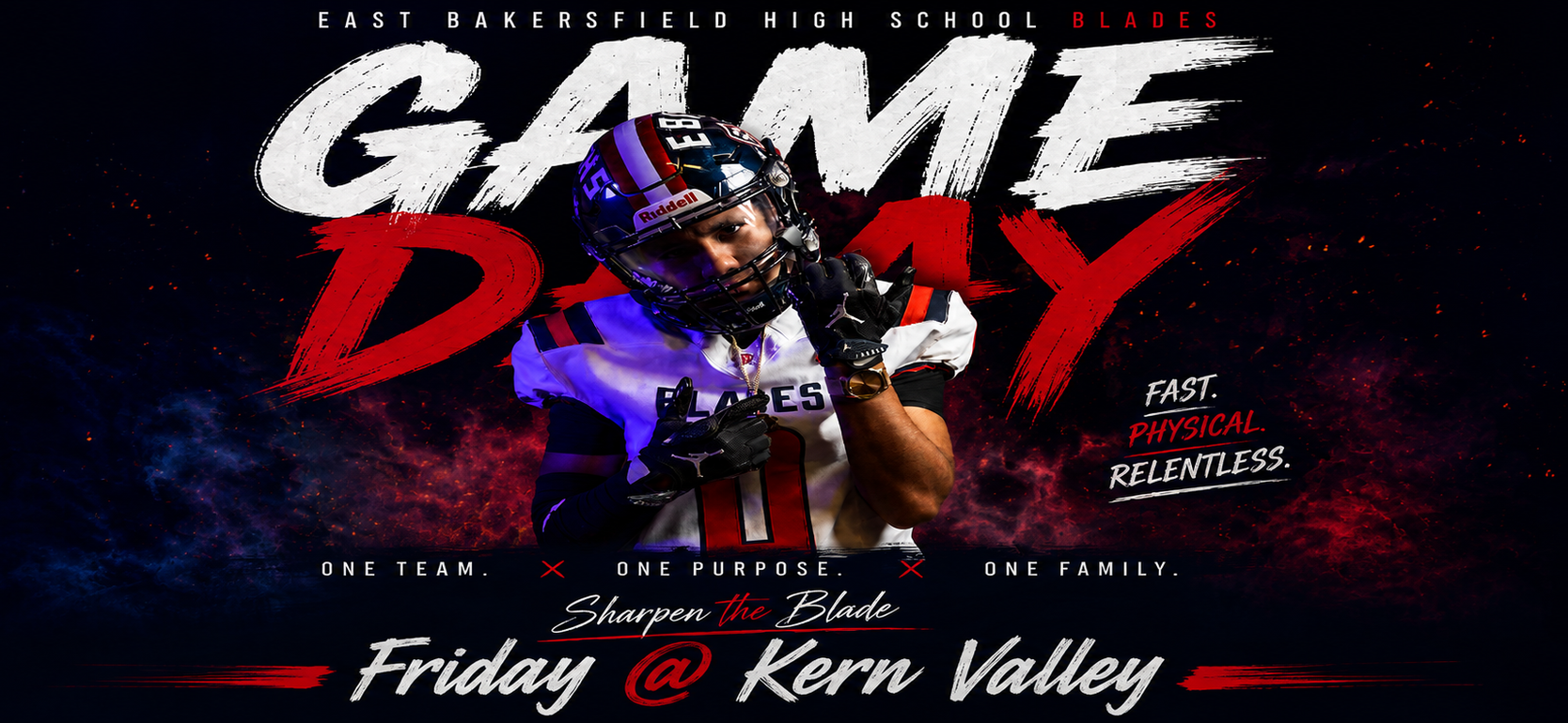 Football player in uniform promoting a game day event with bold text.