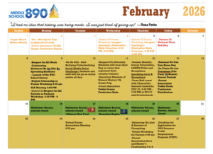 February 2026 calendar highlighting events and important dates at Middle School 890.
