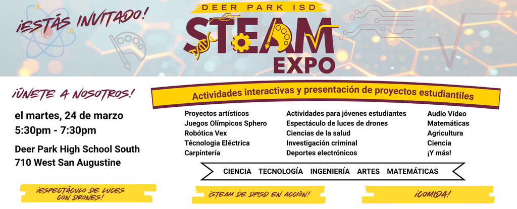 Event flyer for the Deer Park ISD STEAM Expo with details and activities.