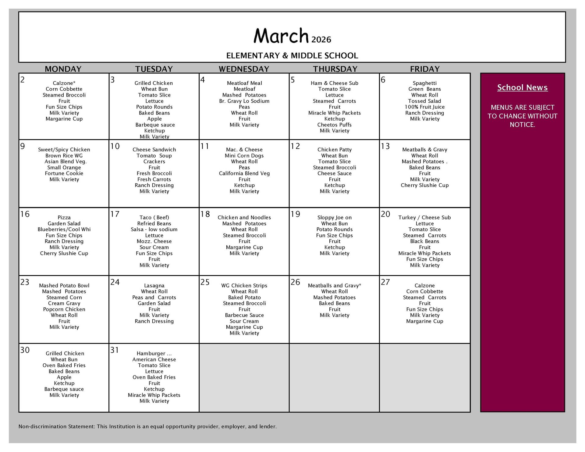 March 2026 Lunch Menu PreK-8