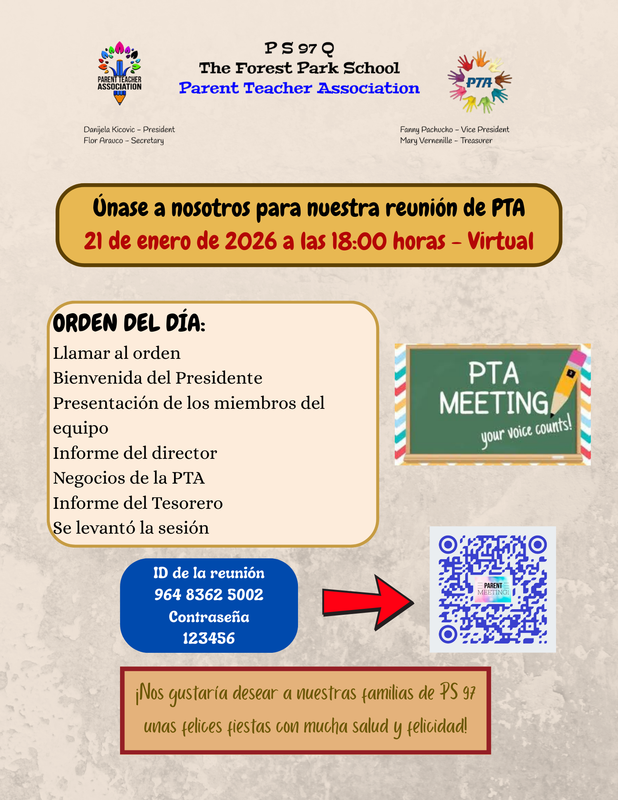 PTA meeting flyer with agenda and QR code, in Spanish.