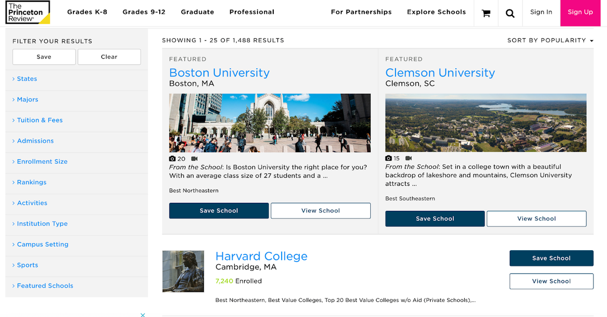Screenshot of the Princeton Review website