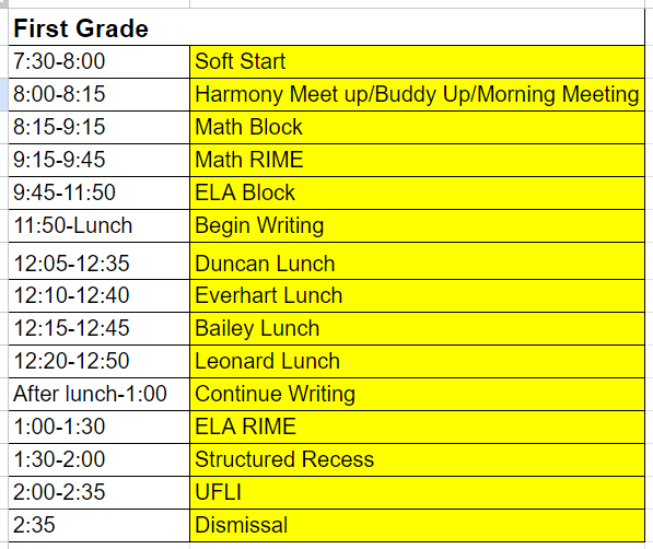 1st Grade Schedules First Grade Churchland Elementary School