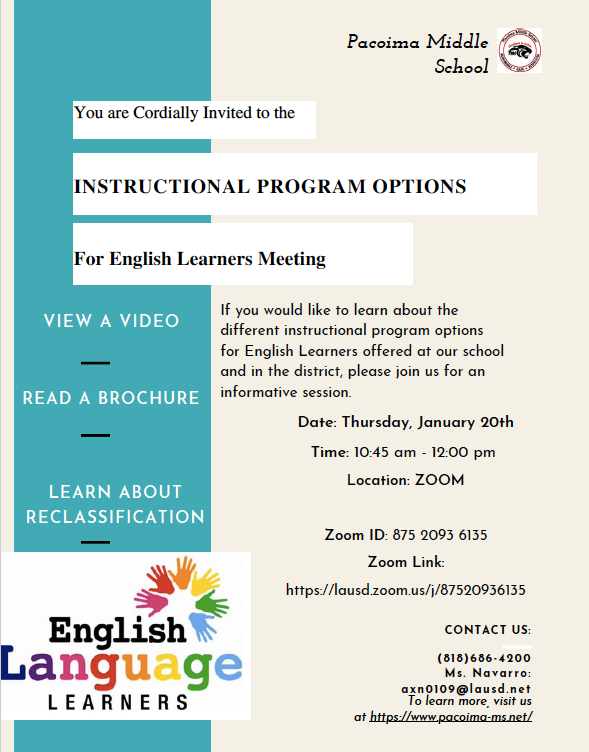 Parent Options Meeting for English Learners January 20th at 10:45 AM Featured Photo
