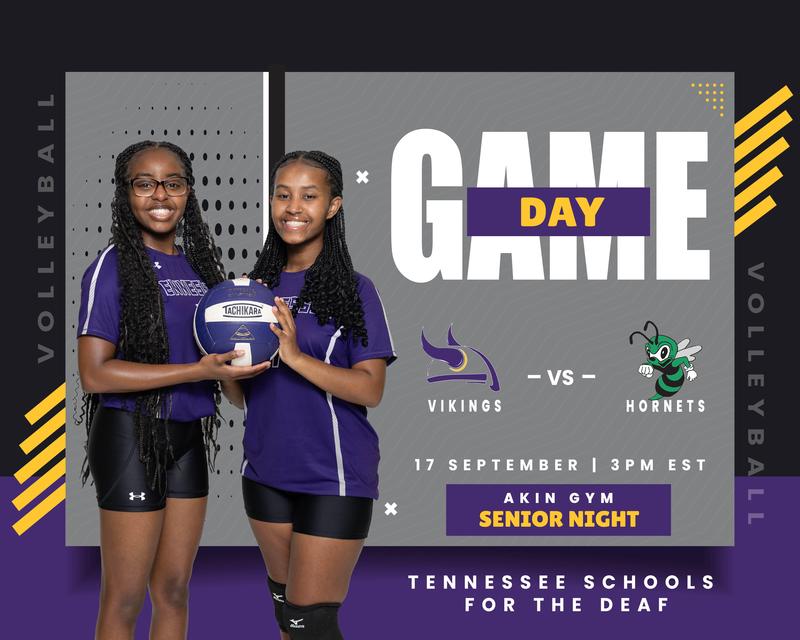 Two girls in volleyball uniforms holding a ball, promoting Senior Night event.