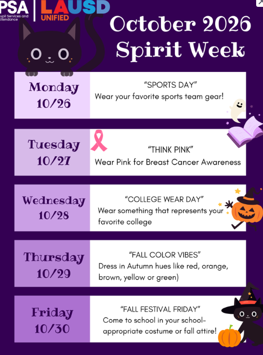October 2026 Spirit Week flyer: Monday 10/26 Sports Day, Tuesday 10/27 Think Pink, Wednesday 10/28 College Wear Day, Thursday 10/29 Fall Color Vibes, Friday 10/30 Fall Festival Friday