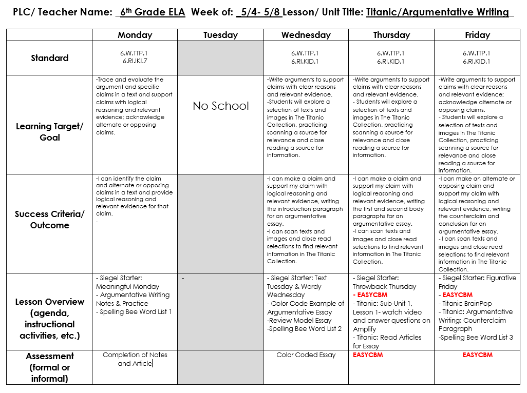 ELA Lesson Plans May 4 - 8