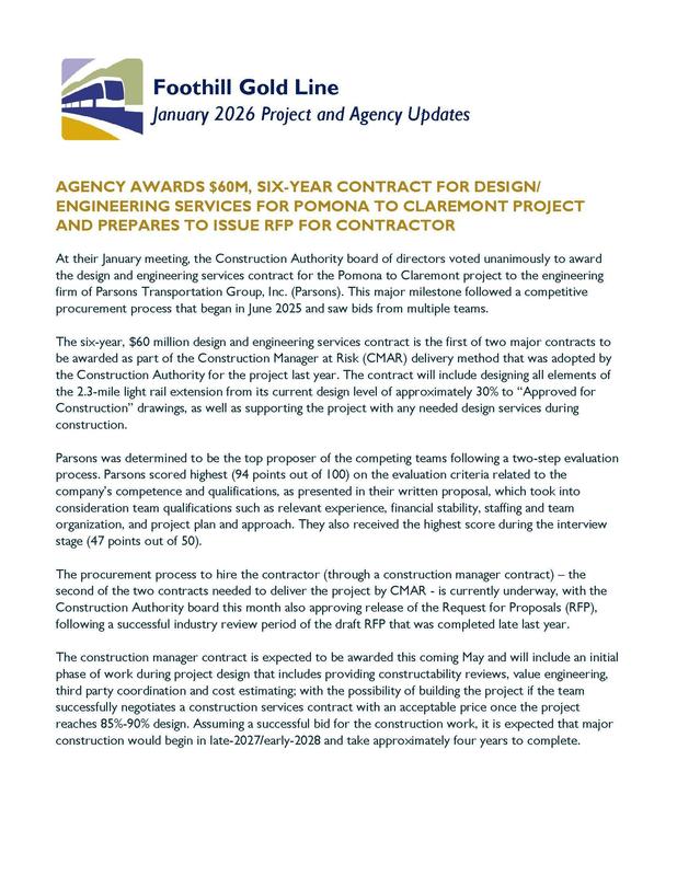 Foothill Gold Line January 2026 Project and Agency Updates image