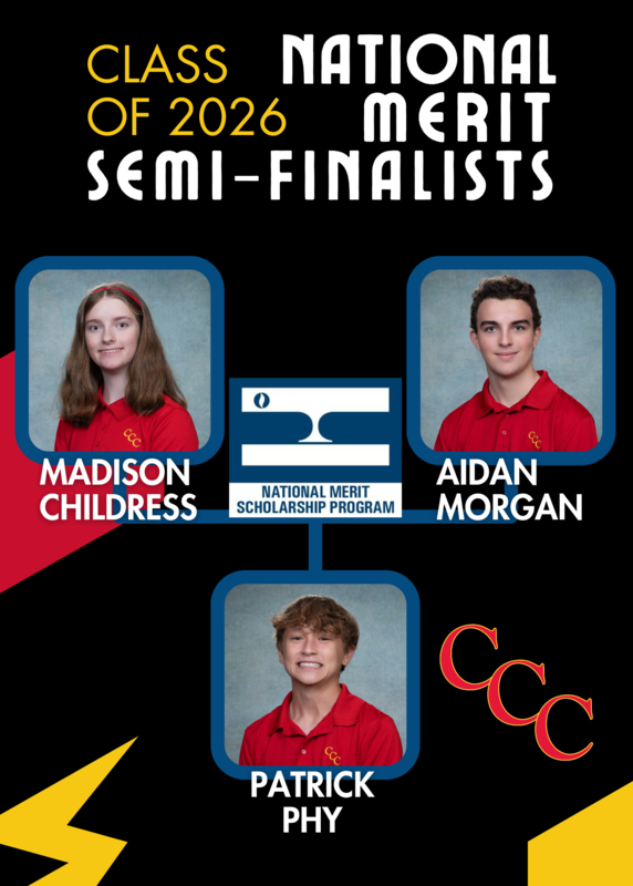 graphic showing school portraits of three national merit finalists: Childress, Morgan, and Phy