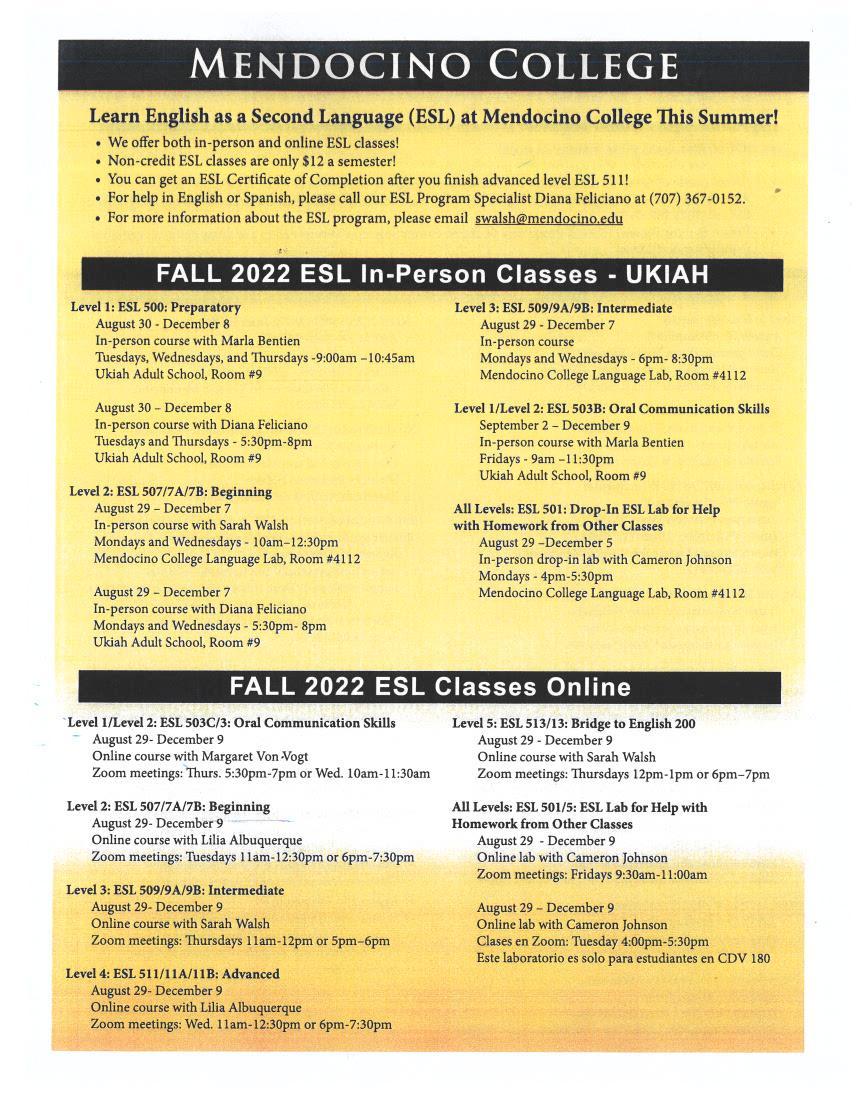 English as a Second Language – English as a Second Language – Ukiah Adult  School
