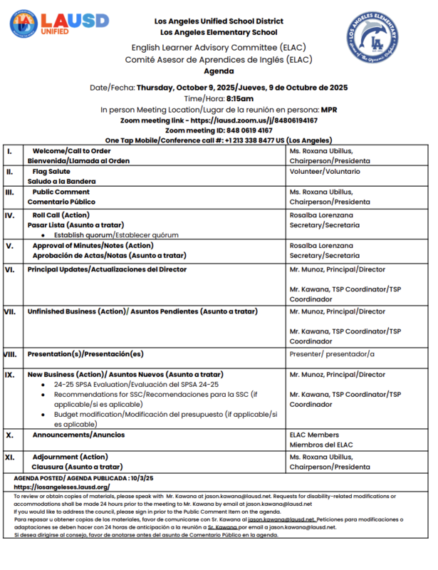 10/9 ELAC Agenda